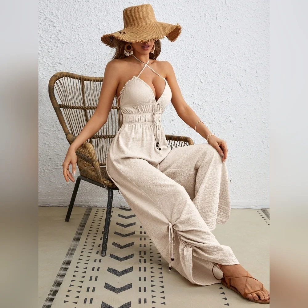 Women's Solid Color Cross Halter Strap Jumpsuit - Picture 3 of 6